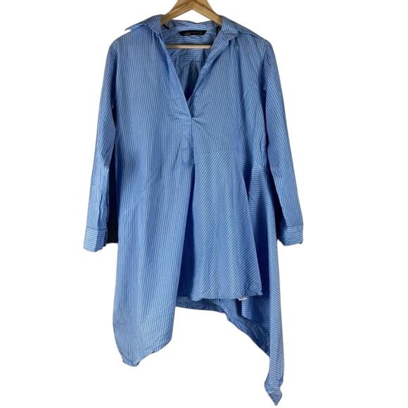 Zara Blue 100% Cotton Striped Asymmetric Shirt Dress - Picture 2 of 5